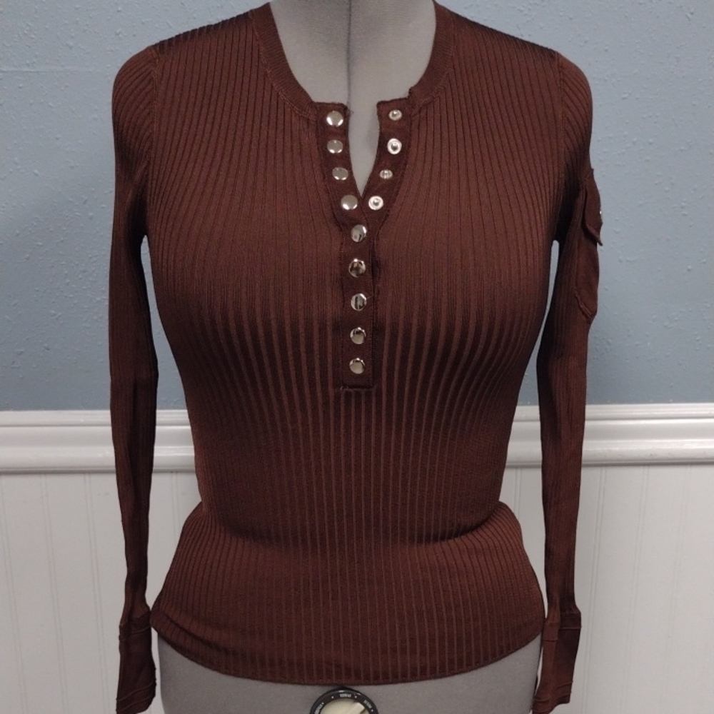 Brown Fitted Ribbed Long Sleeve Top